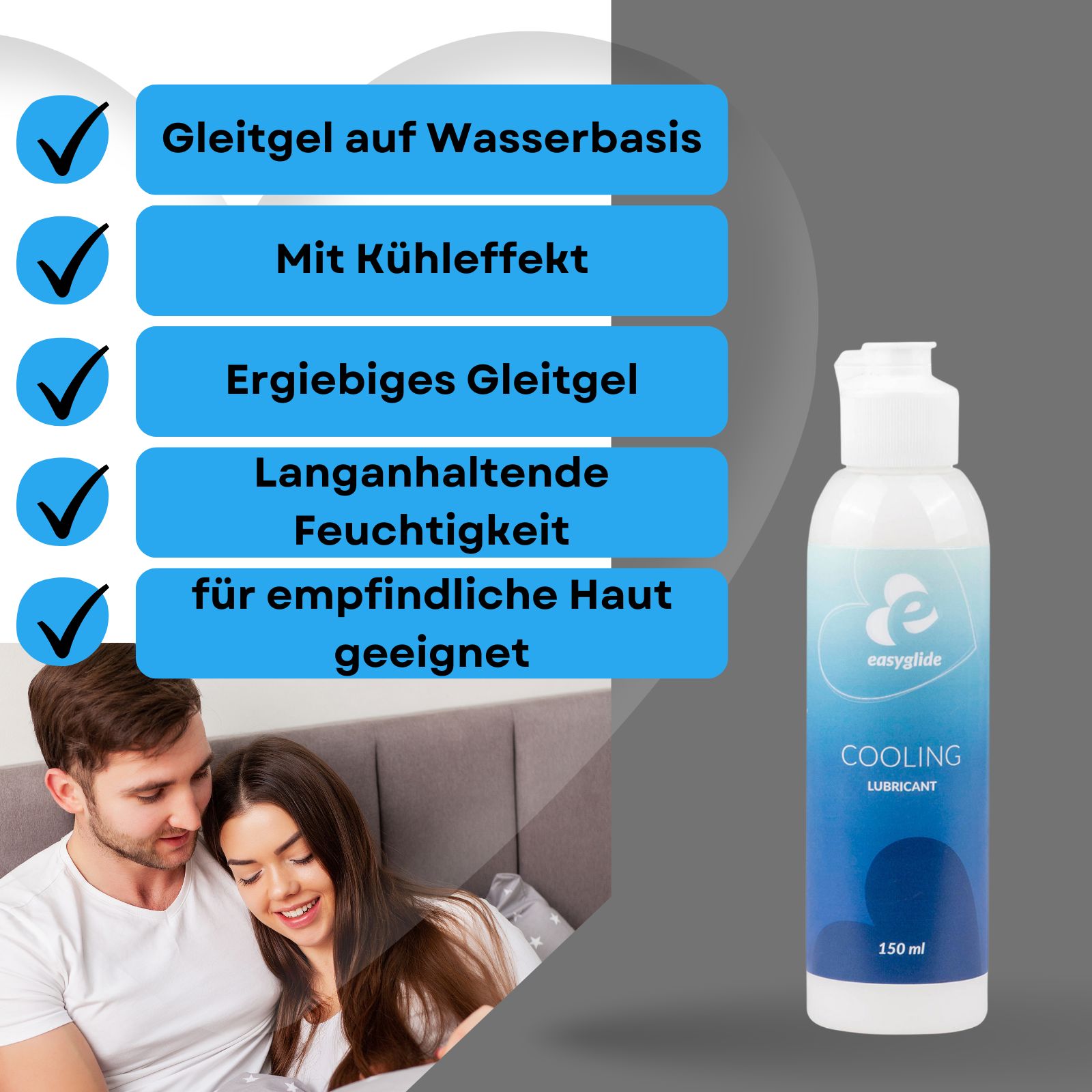 Gleitgel-Flasche neben Text. Paar umarmt sich. Text: Auf Wasserbasis, kühlend, hohe Leistung, lange Feuchtigkeit, für empfindliche Haut.