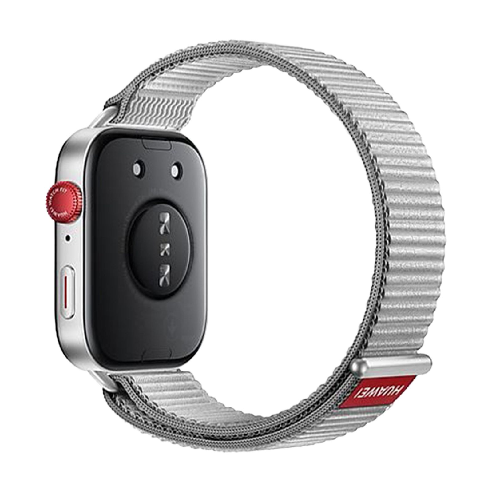 Rückseite einer Smartwatch mit silbernem Gehäuse und grauem Textilarmband. Roter Knopf. Sensoren. Marke HUAWEI auf dem Band.