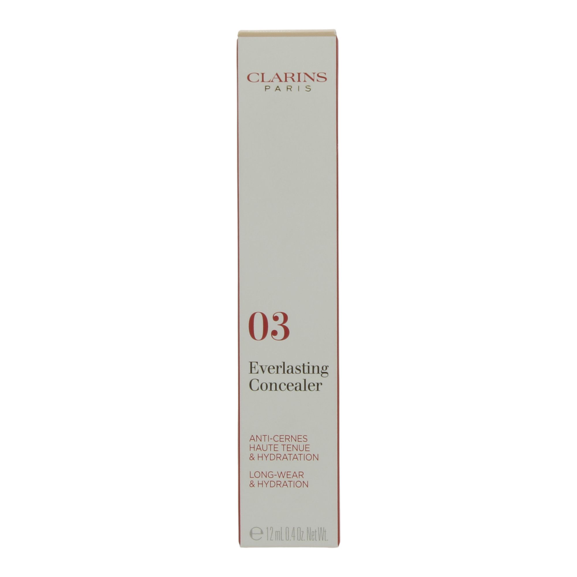 Clarins Everlasting Concealer 03-Verpackung. Weiß mit roter Schrift. Enthält Produktinformationen und Logo.