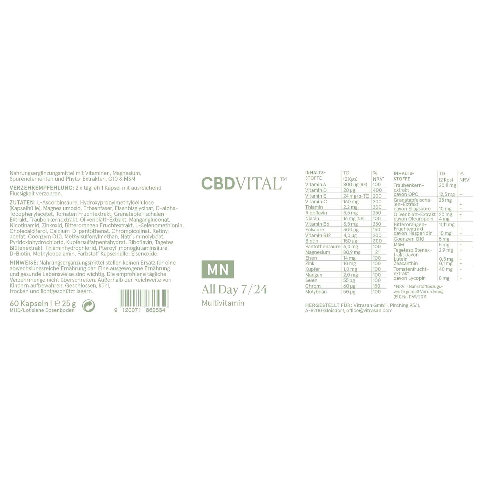 Rückseite der CBD VITAL All day 7/24 Multivitamin Verpackung mit Nährwertangaben und Zutatenliste.