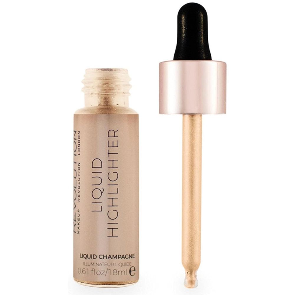 Flüssiger Highlighter mit Pipette. Flasche und Pipette sind getrennt. Beschriftung: Liquid Highlighter, Liquid Champagne, 0.61 fl oz/18ml e.