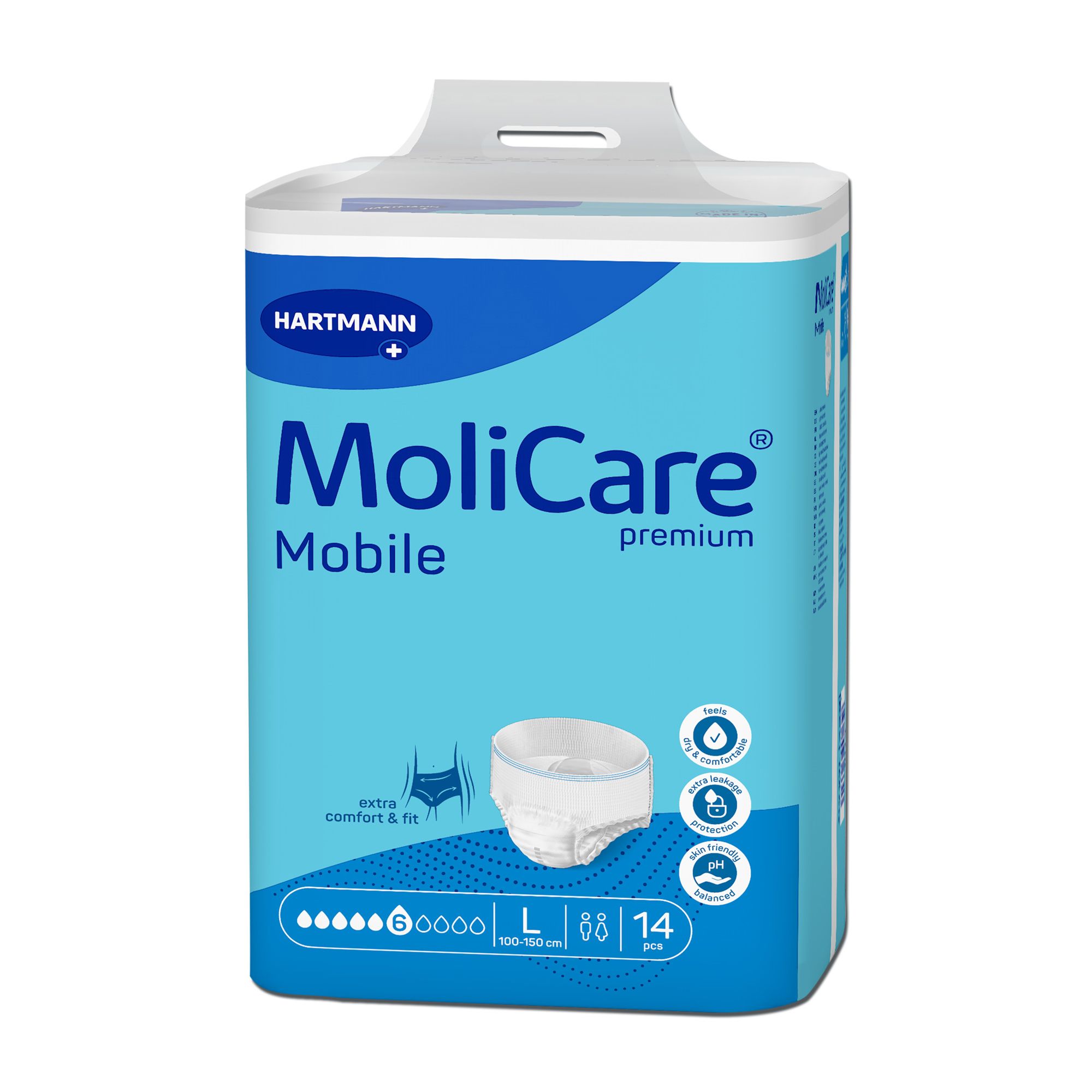 MoliCare Mobile Premium, Packung. Hellblaue Verpackung mit Produktabbildung. Größe L, 14 Stück. Hartmann Logo.