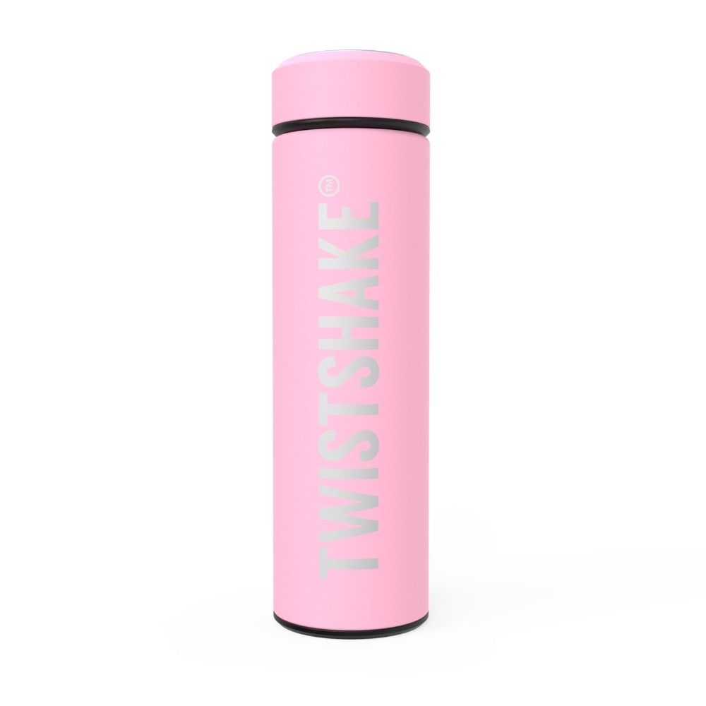 Rosa Thermoflasche mit schwarzem Deckel und Boden. Der Schriftzug TWISTSHAKE ist vertikal aufgedruckt.