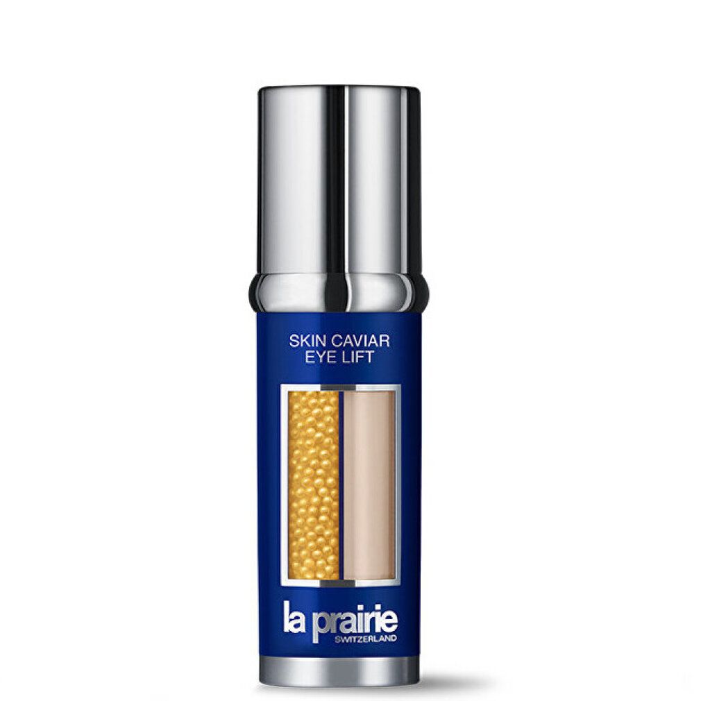 Blau-silberne Flasche mit Caviar-Gel und Creme. Produktname: Skin Caviar Eye Lift. Marke: La Prairie.