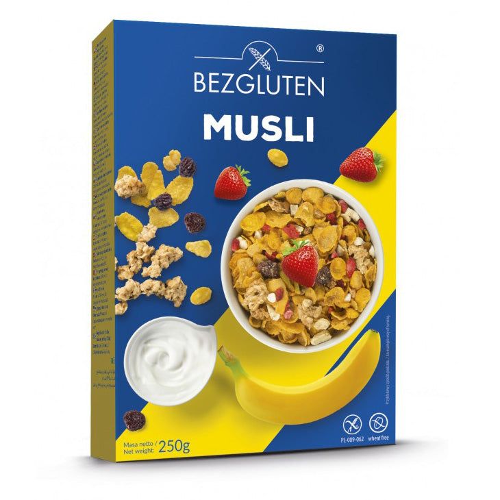 Verpackung von Müsli. Blaue Box mit Produktname und Abbildung von Müsli, Früchten und Joghurt. Glutenfrei-Zeichen.