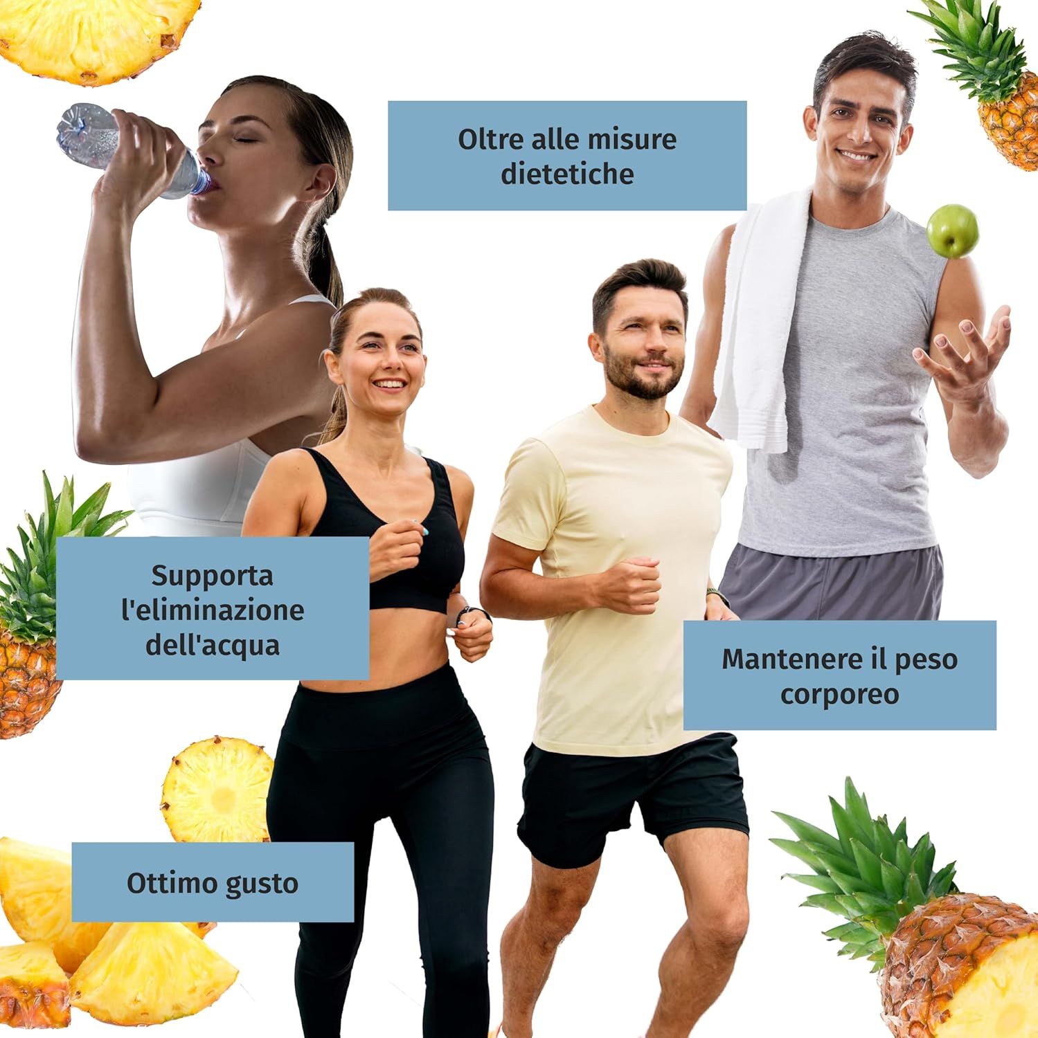 Menschen beim Sport. Ananasstücke. Textfelder mit Informationen. OK!WaterOut-Dose.