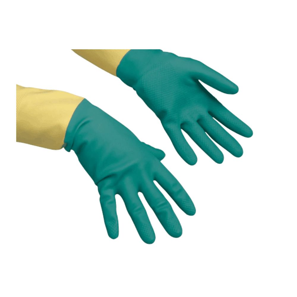 Zwei grüne Handschuhe mit gelben Manschetten. Die Handschuhe sind aus Gummi oder einem ähnlichen Material gefertigt.