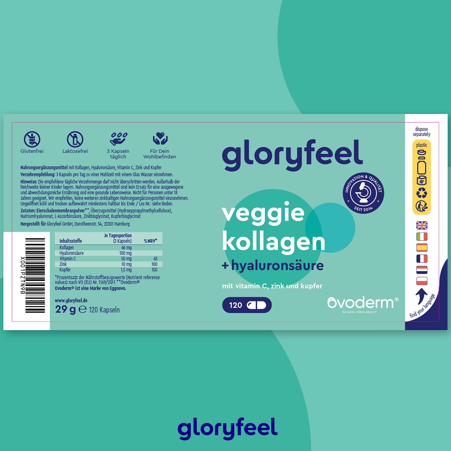 gloryfeel ® Veggie Kollagen + Hyaluronsäure - Mit Vitamin C, Zink & Kupfer 120 St Kapseln