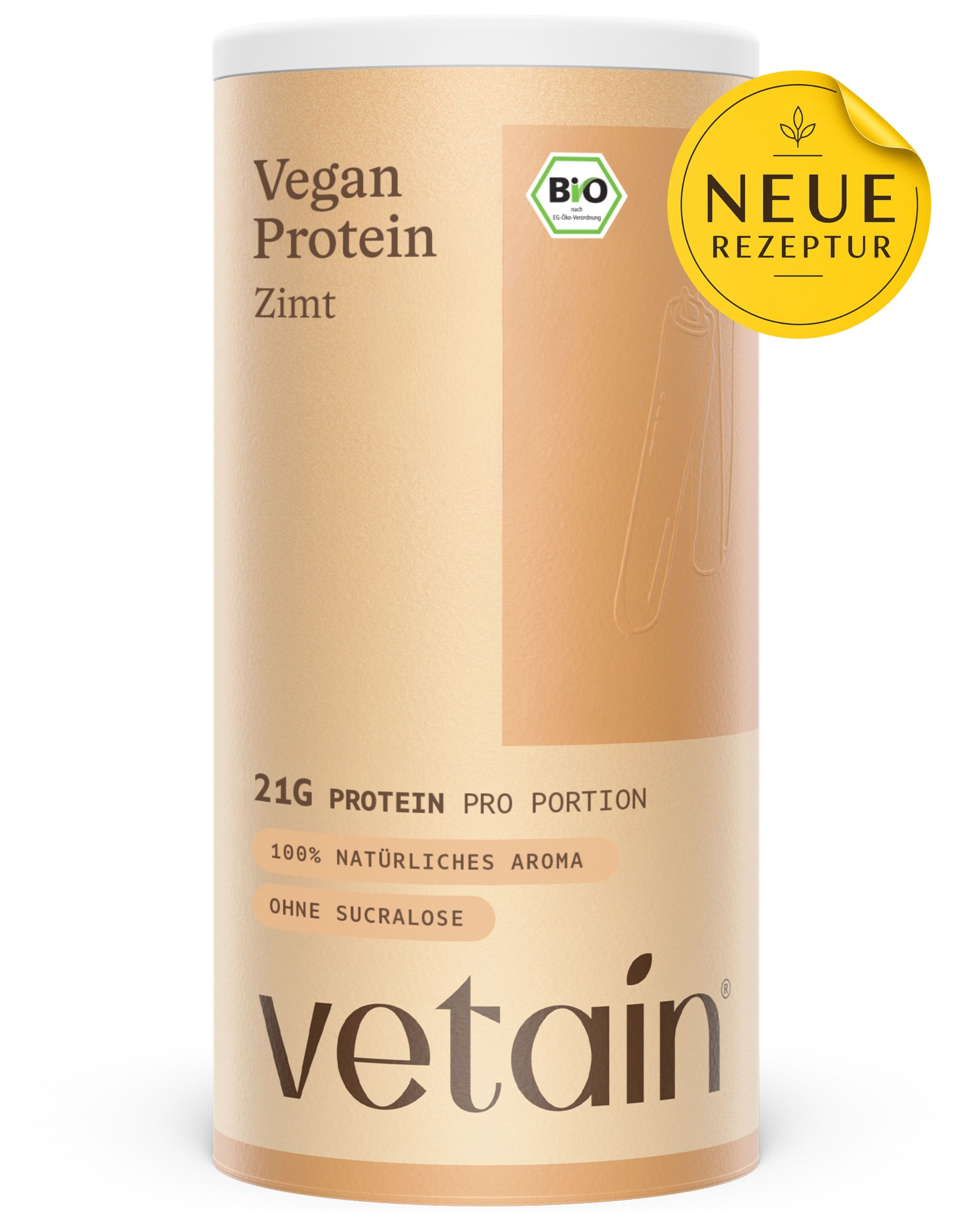 Dose Vetain Vegan Protein Zimt mit Bio-Siegel und Hinweis 'Neue Rezeptur'. 21g Protein pro Portion, 100% natürliches Aroma, ohne Sucralose.
