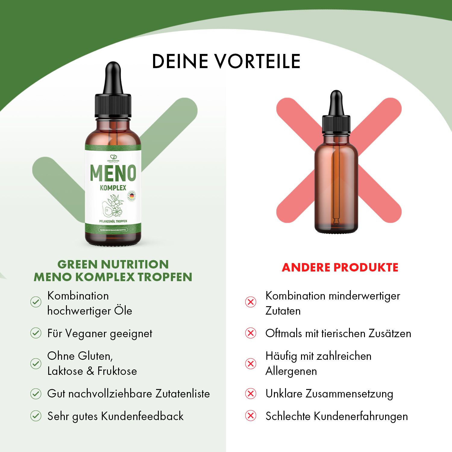 Flasche mit Tropfer neben Text. Text: Kombination hochwertiger Öle, für veganer geeignet, ohne Gluten, Laktose & Fruktose, gut nachvollziehbare Zutatenliste.