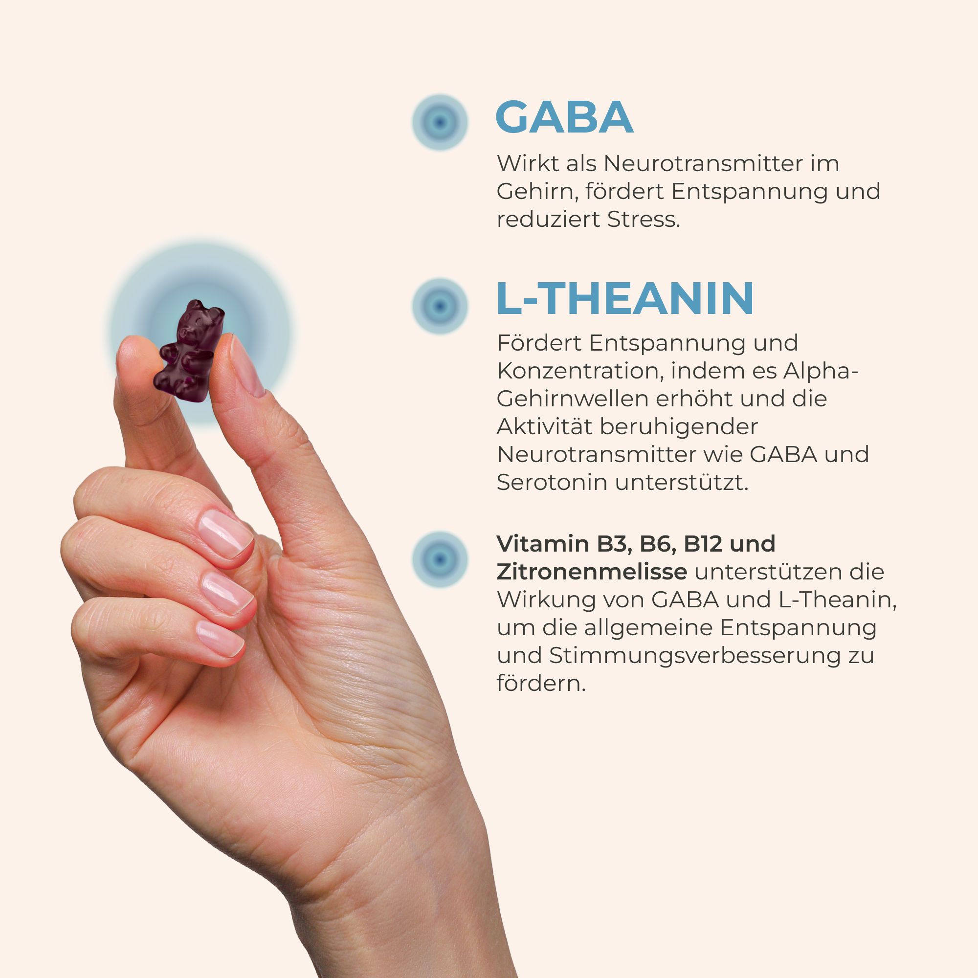 Hand hält Gummibärchen. Text: GABA, L-Theanin, Vitamin B3, B6, B12 und Zitronenmelisse.