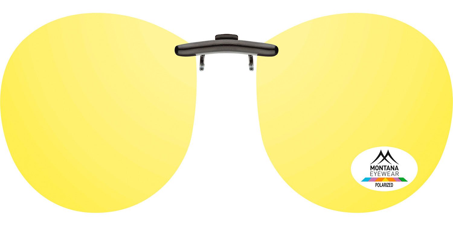 Gelbe Clip-on-Sonnenbrille. Runde Gläser mit Montana Eyewear Logo und Polarized-Aufkleber. Schwarzer Clip-on-Mechanismus.