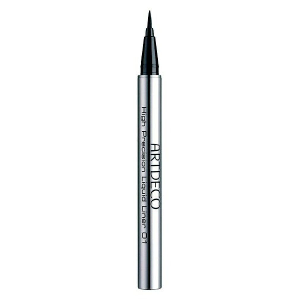 Flüssiger Eyeliner mit feiner Spitze. Silberfarbener Stift mit schwarzer Spitze. Aufschrift: ARTDECO, High Precision Liquid Liner 01.