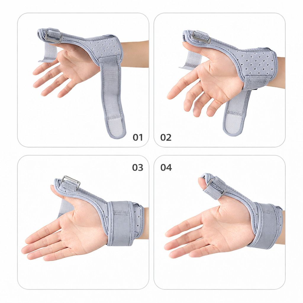 Vier Ansichten einer grauen Handgelenk- und Daumenbandage. Die Hand ist in verschiedenen Positionen in der Bandage.