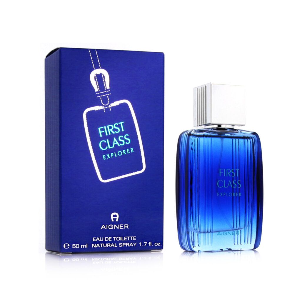 Aigner First Class Explorer Eau de Toilette Set mit Flakon und blauer Verpackung.