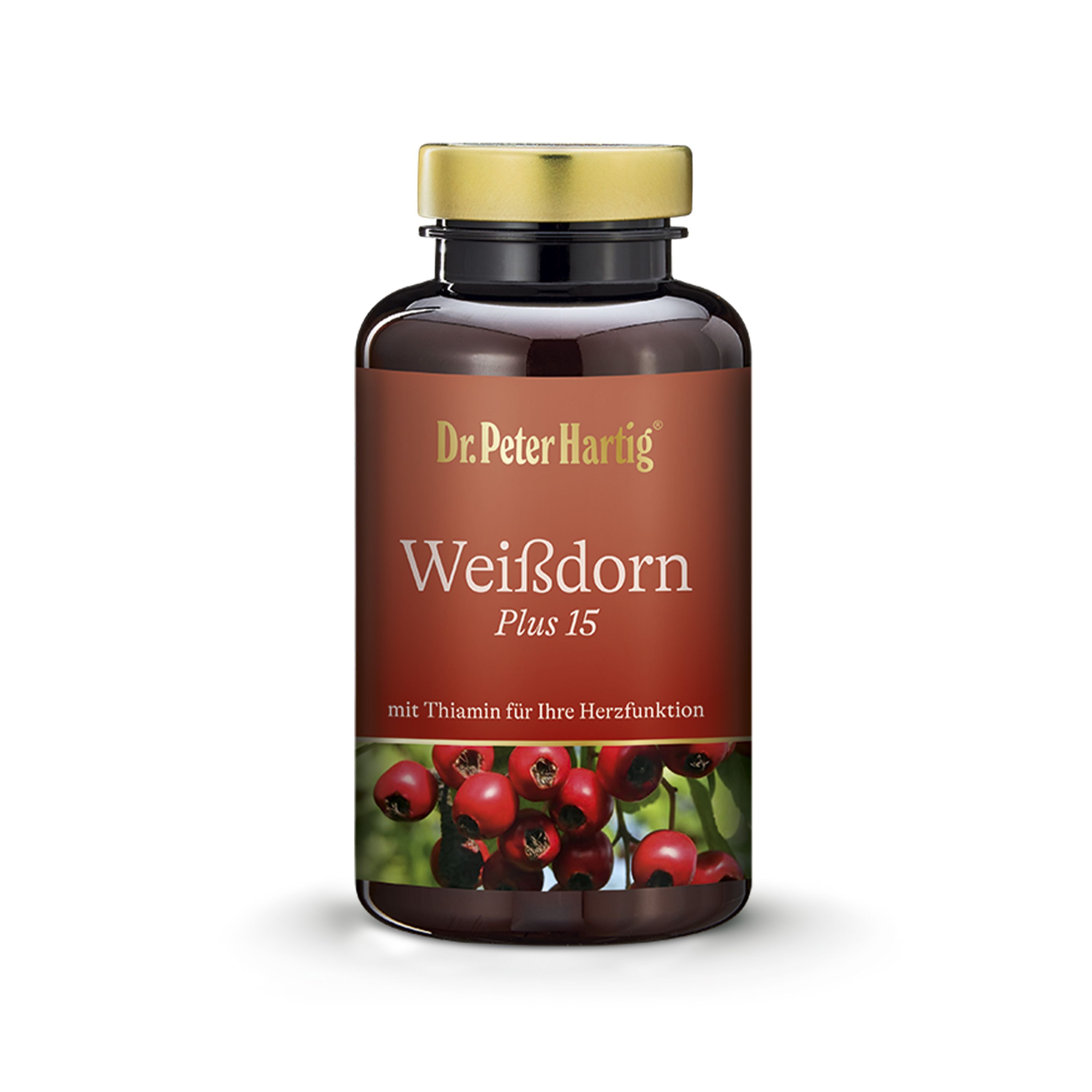 Braune Flasche mit goldfarbenem Deckel. Aufschrift: Dr. Peter Hartig Weißdorn Plus 15. Abbildung von roten Beeren.
