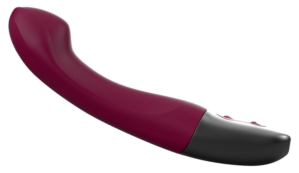 Bordeauxfarbener Vibrator mit schwarzem Kopf. Ergonomische Form. Drei Knöpfe am Kopf.
