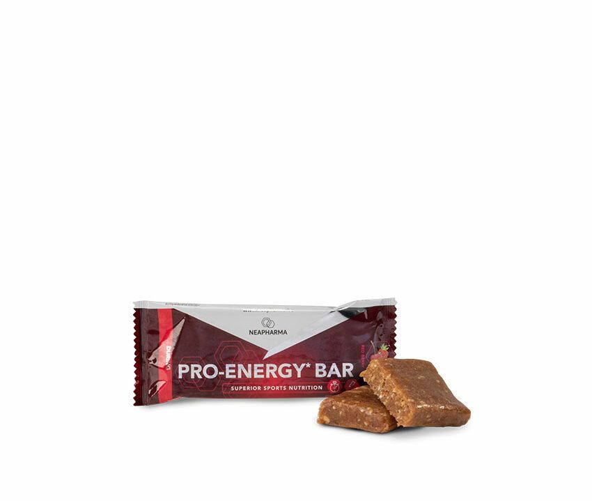 Neapharma Pro Energy Bar Rote Früchte: Einzelner Riegel und ein aufgeschnittener Riegel.