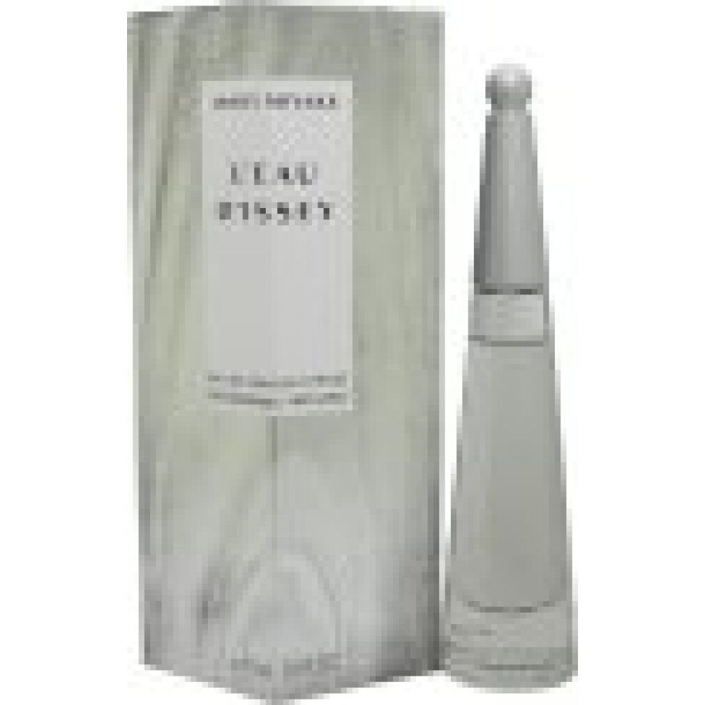Issey Miyake, L'Eau d'Issey EdP Nat. Spray Intense Flakon und Verpackung. Weißes Flakon, silberne Kappe, graue Verpackung.