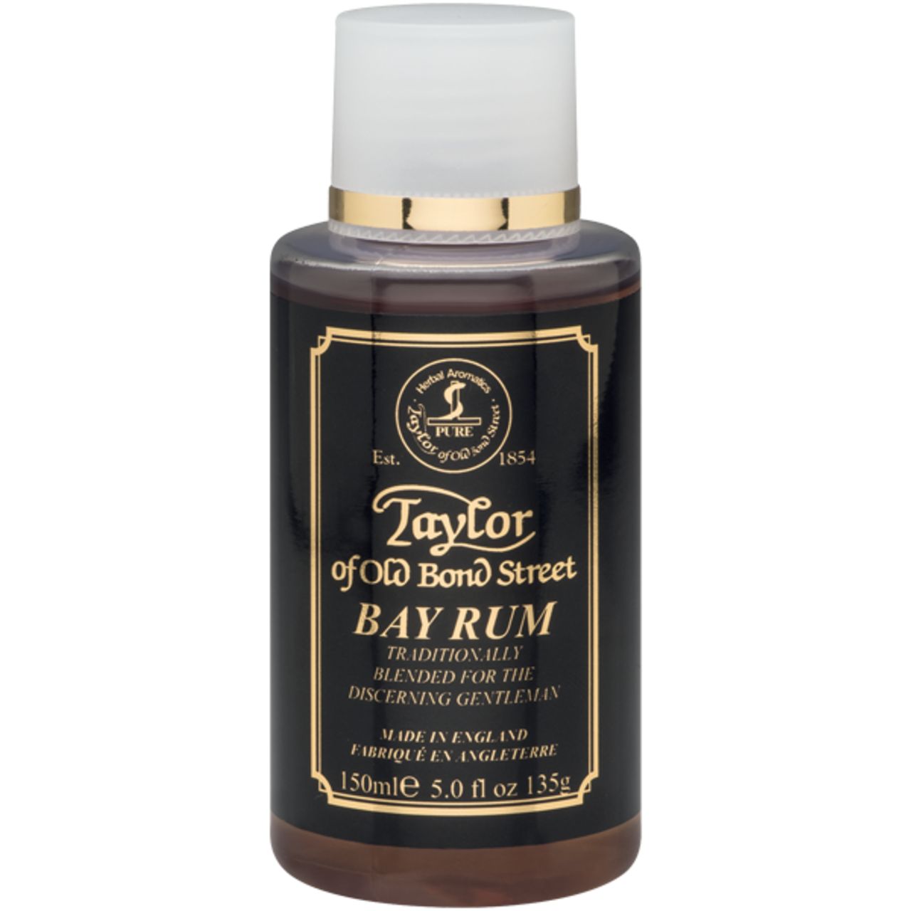 Braune Flasche mit weißem Deckel. Aufschrift: Taylor of Old Bond Street, Bay Rum. Text in Englisch und Französisch.