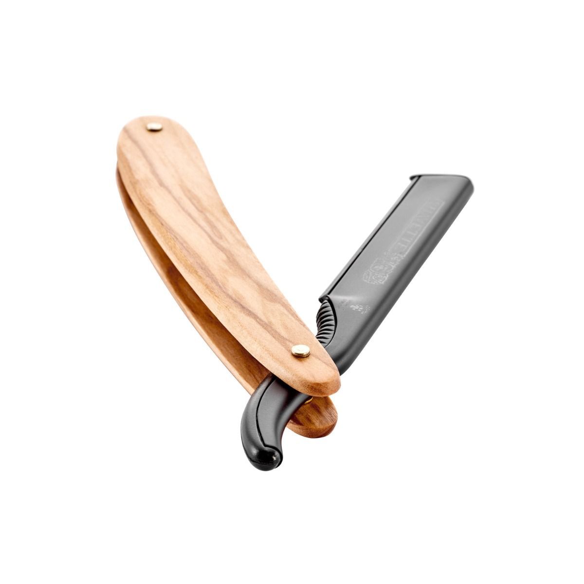Rasierer mit Holzgriff. Schwarze Klinge, Holzgriff mit zwei Nieten. Geöffnet, diagonale Ansicht.