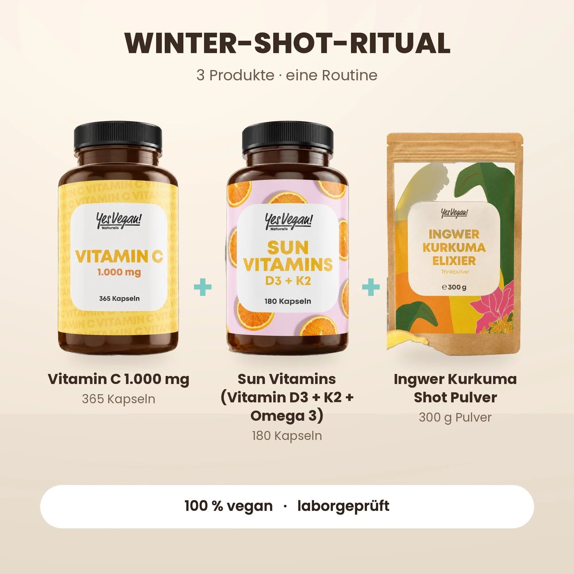 Drei Yes Vegan Produkte für ein Frauen-Balance-Ritual: Ashwagandha (365 Kapseln), HBalance9 (120 Kapseln) und Magnesium Komplex (250 Kapseln).