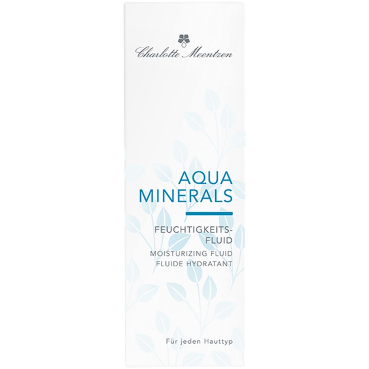 Weiße Verpackung mit Aqua Minerals Aufschrift. Text: Charlotte Meentzen, Aqua Minerals, Feuchtigkeitsfluid, Moisturizing Fluid, Fluide Hydratant. Für jeden Hauttyp.
