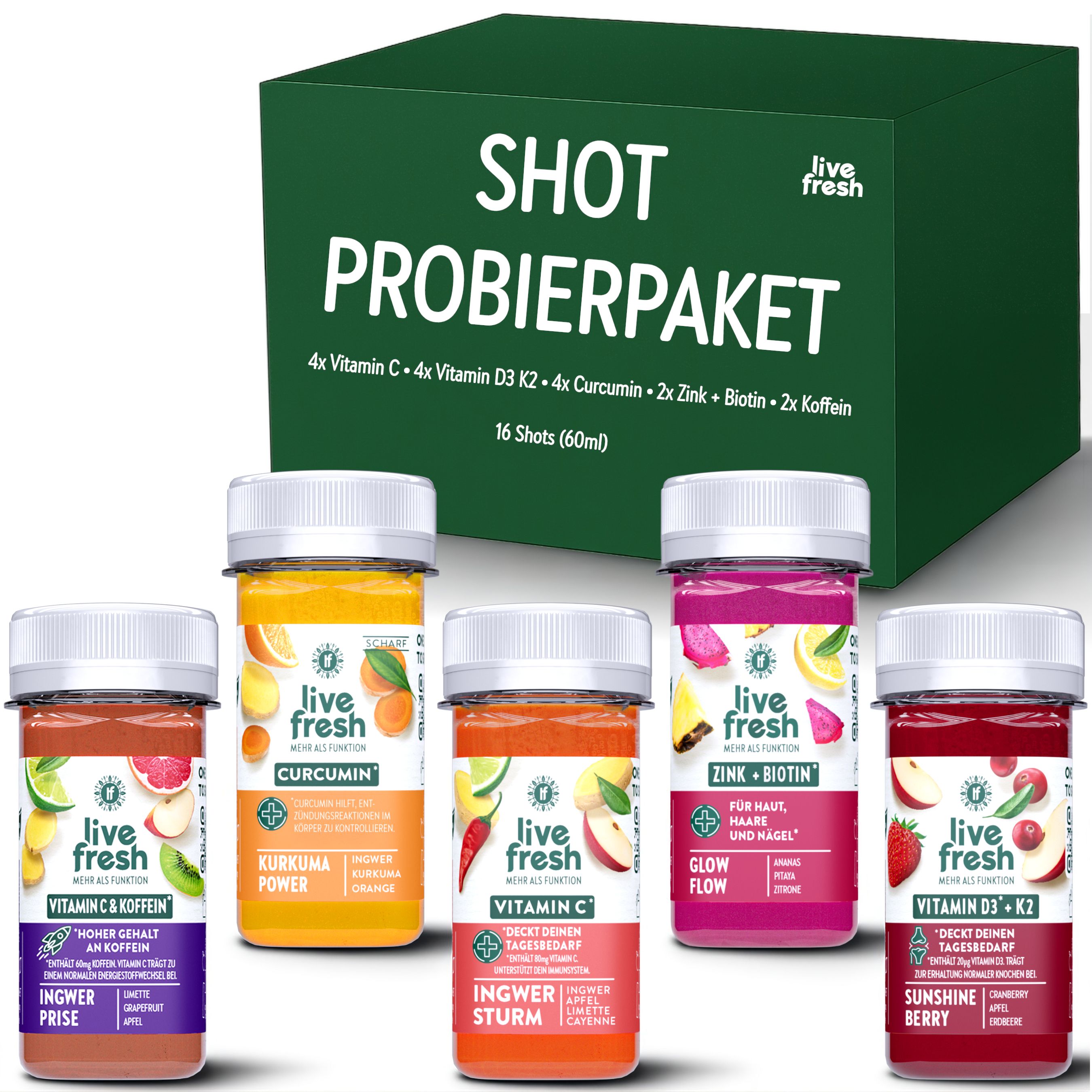 Sechs Flaschen mit farbigem Saft, daneben eine grüne Schachtel mit der Aufschrift "SHOT PROBIERPAKET".