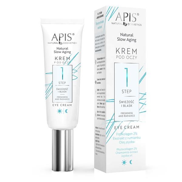Augencreme-Tube und -Verpackung. Weiß, mit blauer Schrift. Produktname: APIS Natural Slow Aging. Schritt 1.