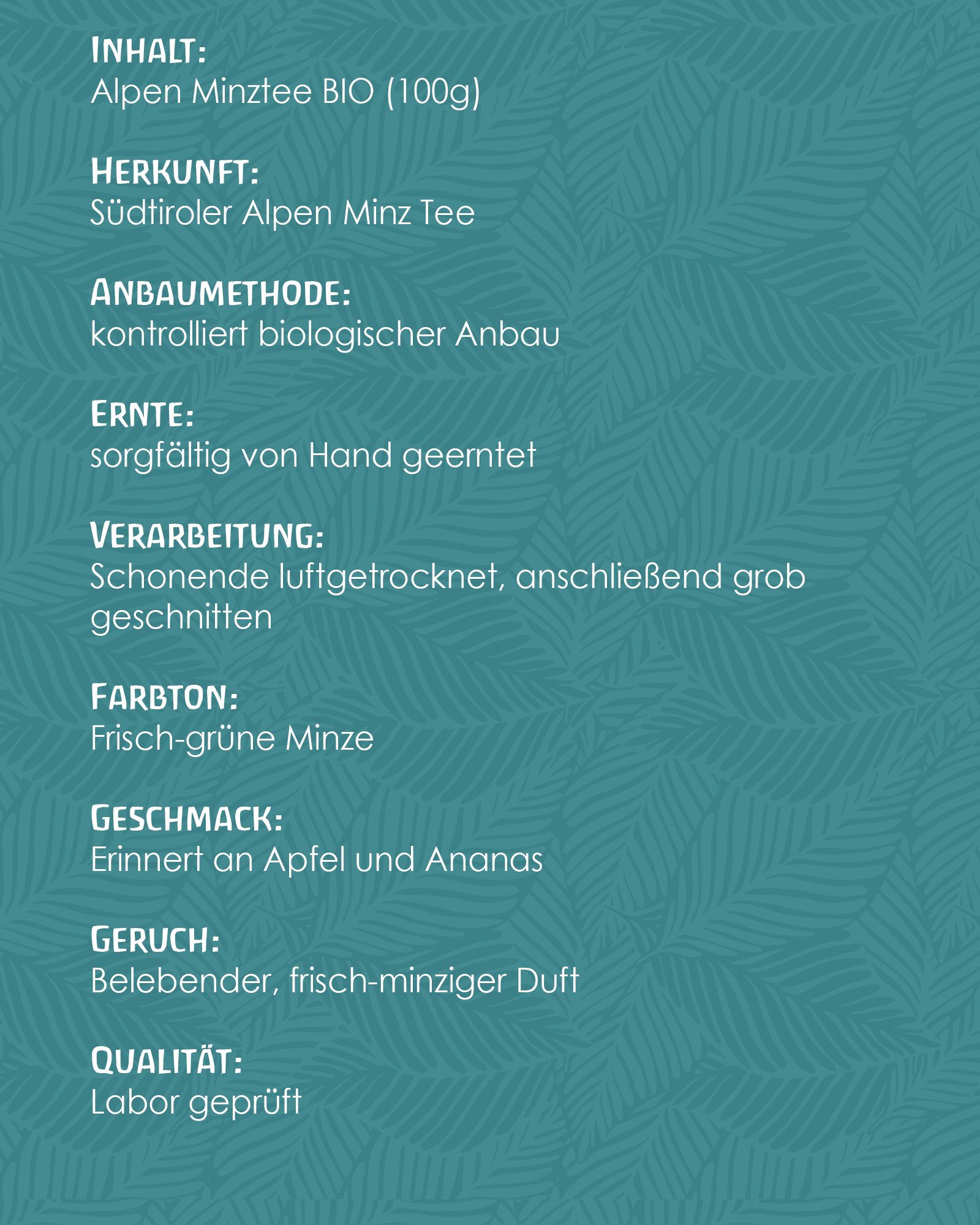 Textinformationen über den Tee: Inhalt, Herkunft, Anbaumethode, Ernte, Verarbeitung, Farbton, Geschmack, Geruch, Qualität.