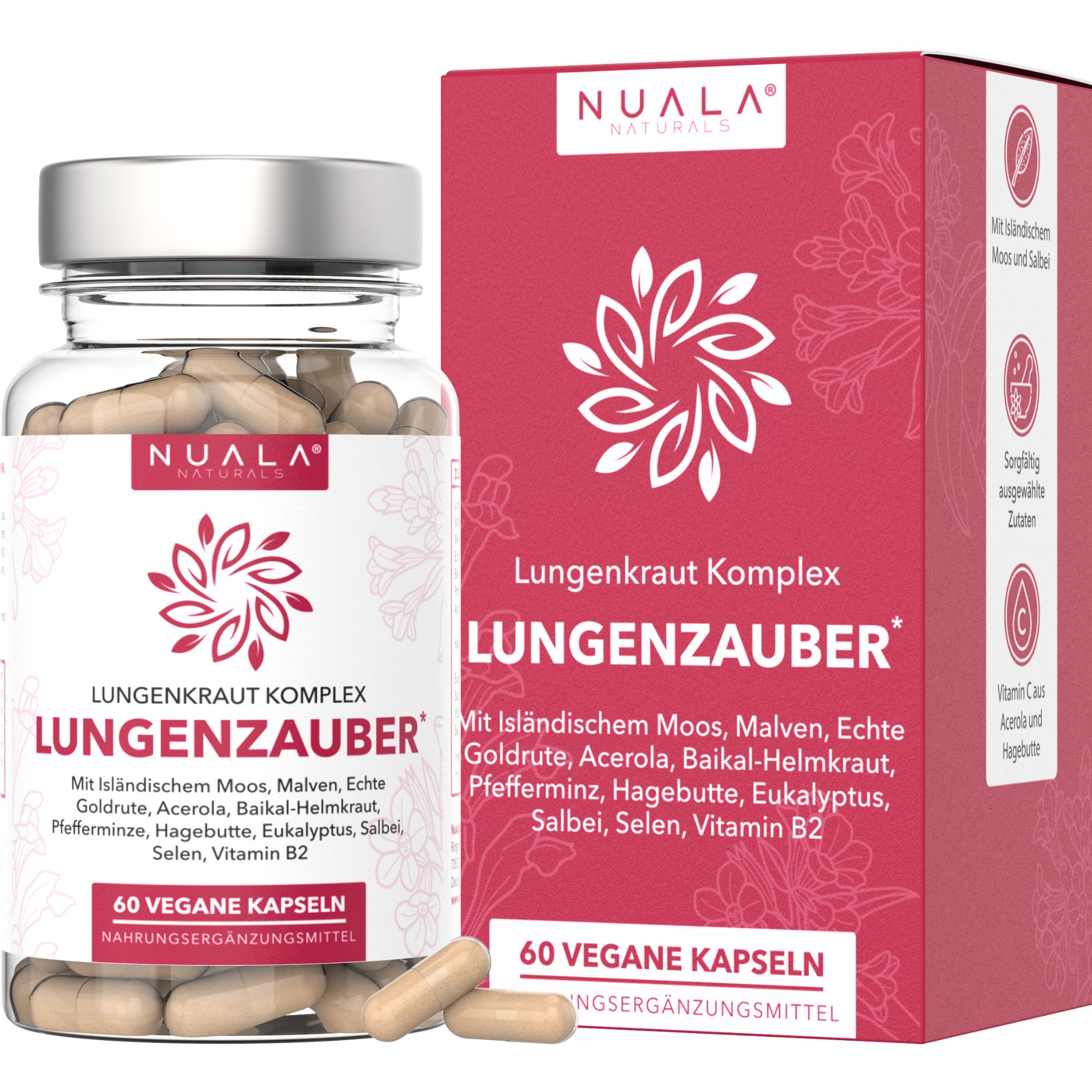 Produktabbildung. Zeigt eine Flasche mit Kapseln und eine Verpackung. Enthält Text über Lungenkraut Komplex und 60 vegane Kapseln.