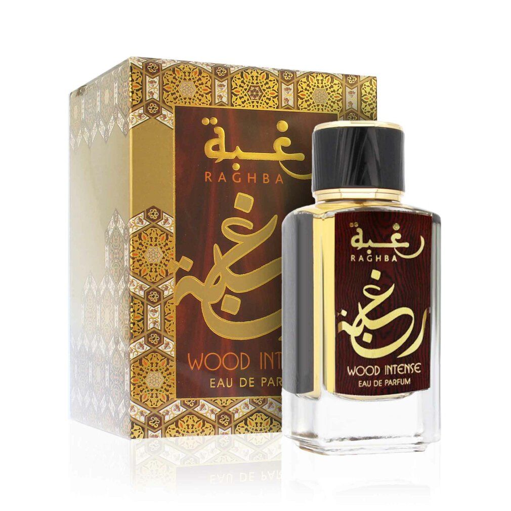 Parfümflasche und Schachtel. Auf der Flasche und Schachtel steht "RAGHBA WOOD INTENSE Eau de Parfum".