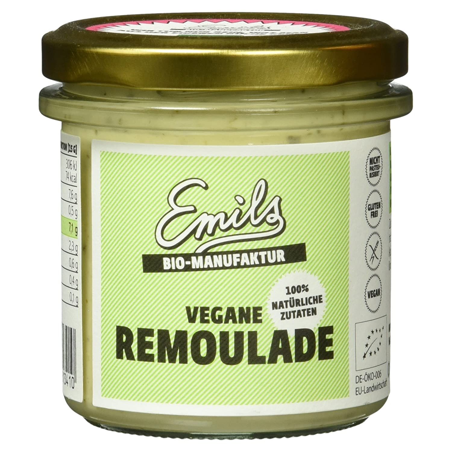 Glas mit Remoulade. Auf dem Etikett steht "Emils BIO-MANUFAKTUR VEGANE REMOULADE". Es gibt auch Angaben zu Inhaltsstoffen und Zertifizierungen.