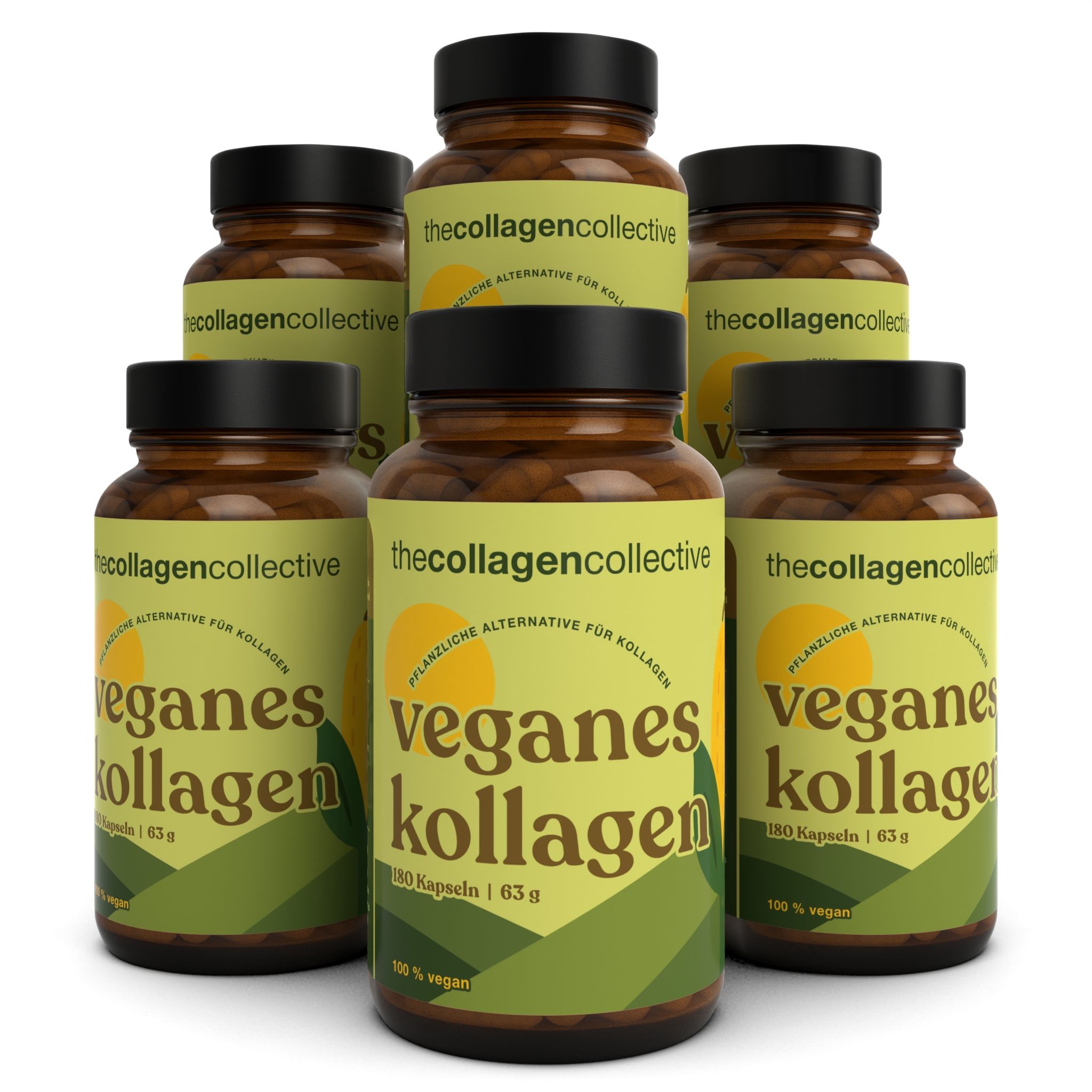 Sechs braune Glasflaschen mit schwarzen Deckeln. Aufkleber mit grünem Hintergrund und Text: veganes Kollagen.