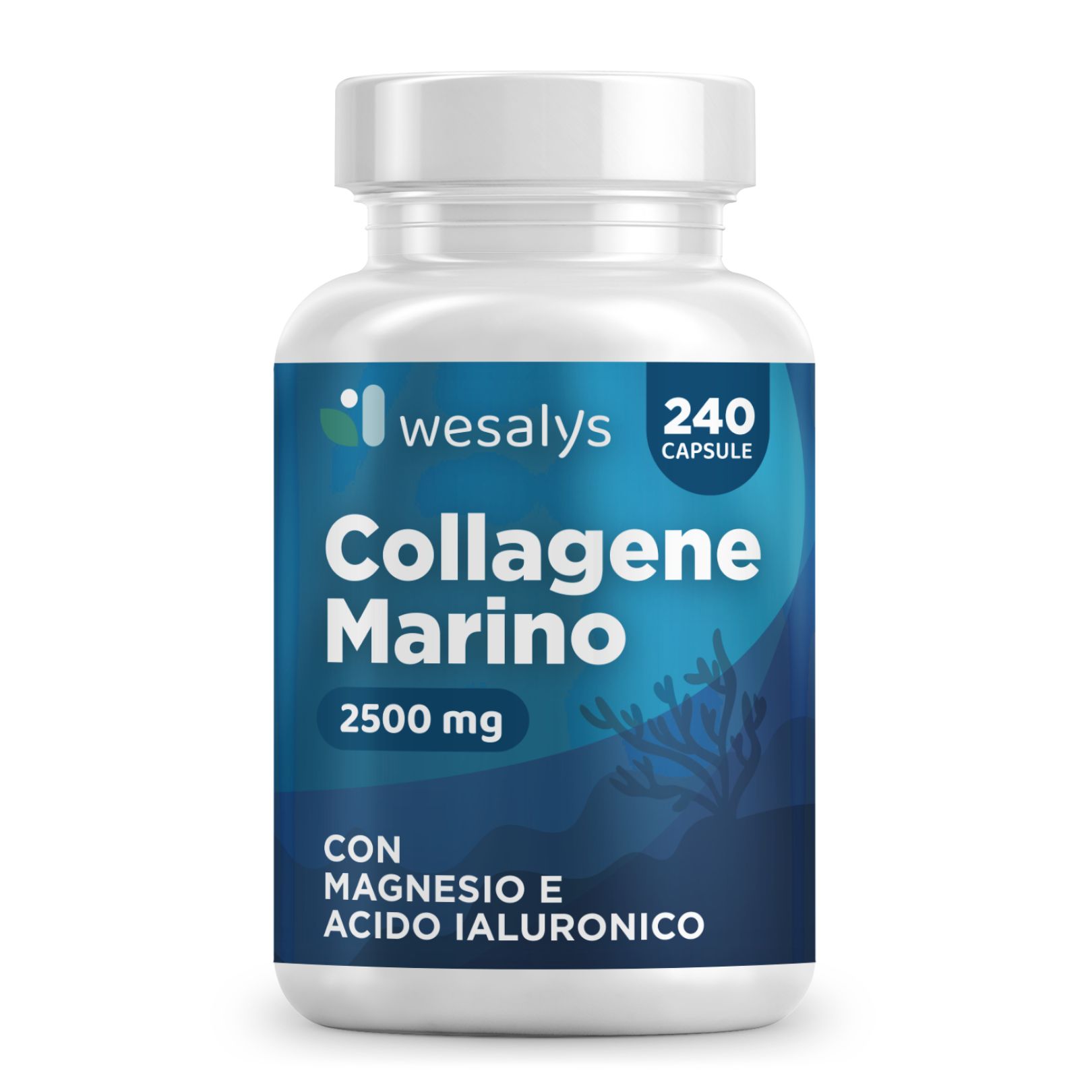 Flacone bianco di capsule. Scritta: Collagene Marino, 2500 mg, 240 capsule. Con magnesio e acido ialuronico.