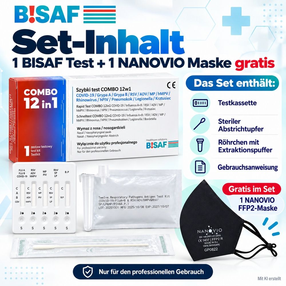 Inhalt BISAF 12in1 Set: Testkit-Box, Testkassette, Tupfer, Puffer, Anleitung, gratis Nanovio FFP2 Maske.