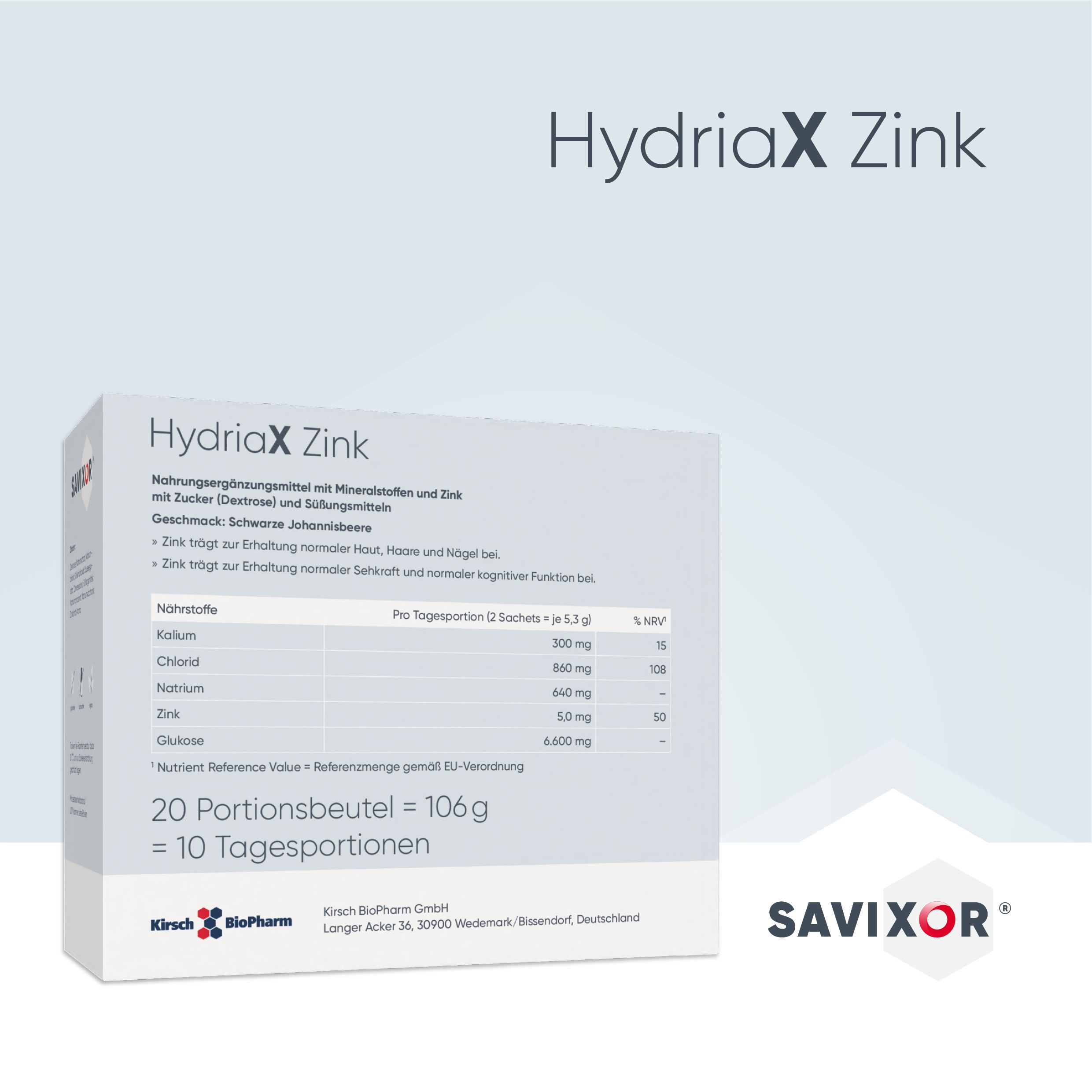 Savixor HydriaX Zink Pulver, Sachet. Verpackung mit Produktinformationen und Nährwerttabelle. Marke und Produktname deutlich sichtbar.