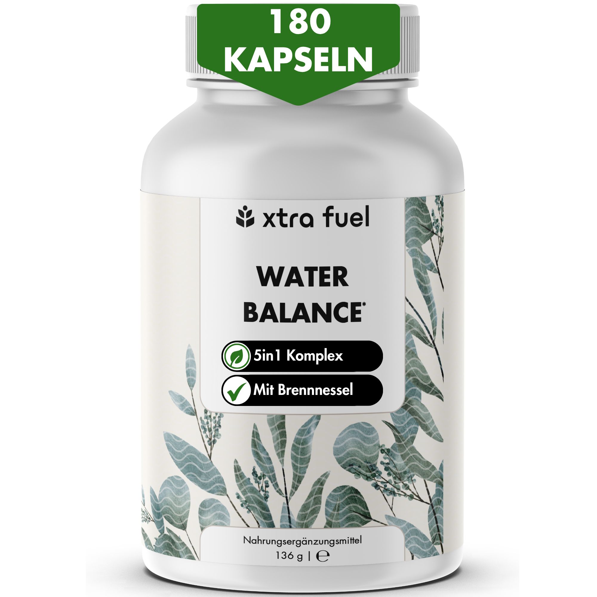 Weiße Flasche mit Kapseln. Aufschrift: XTRA FUEL, WATER BALANCE, 5in1 Komplex, Mit Brennnessel. 180 Kapseln.