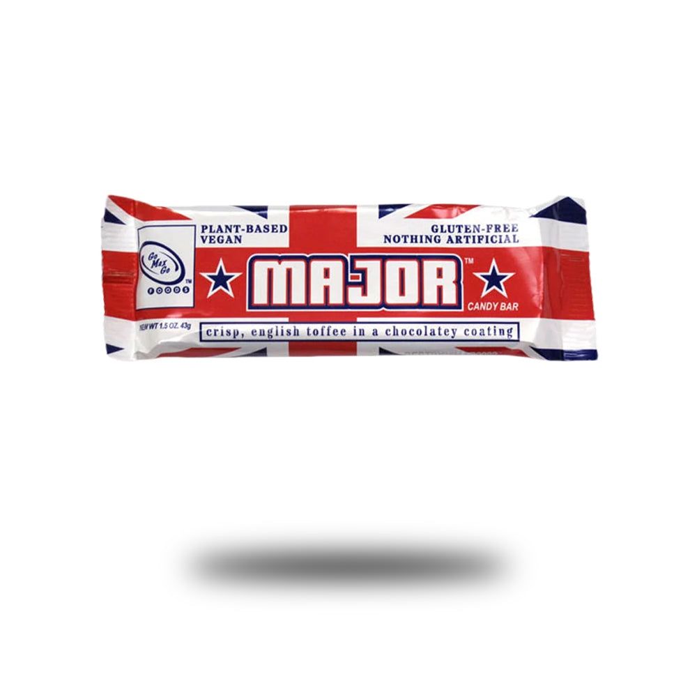 Verpackung eines Major Candy Bar. Rote, weiße und blaue Verpackung mit dem Wort "MAJOR" und "CANDY BAR".