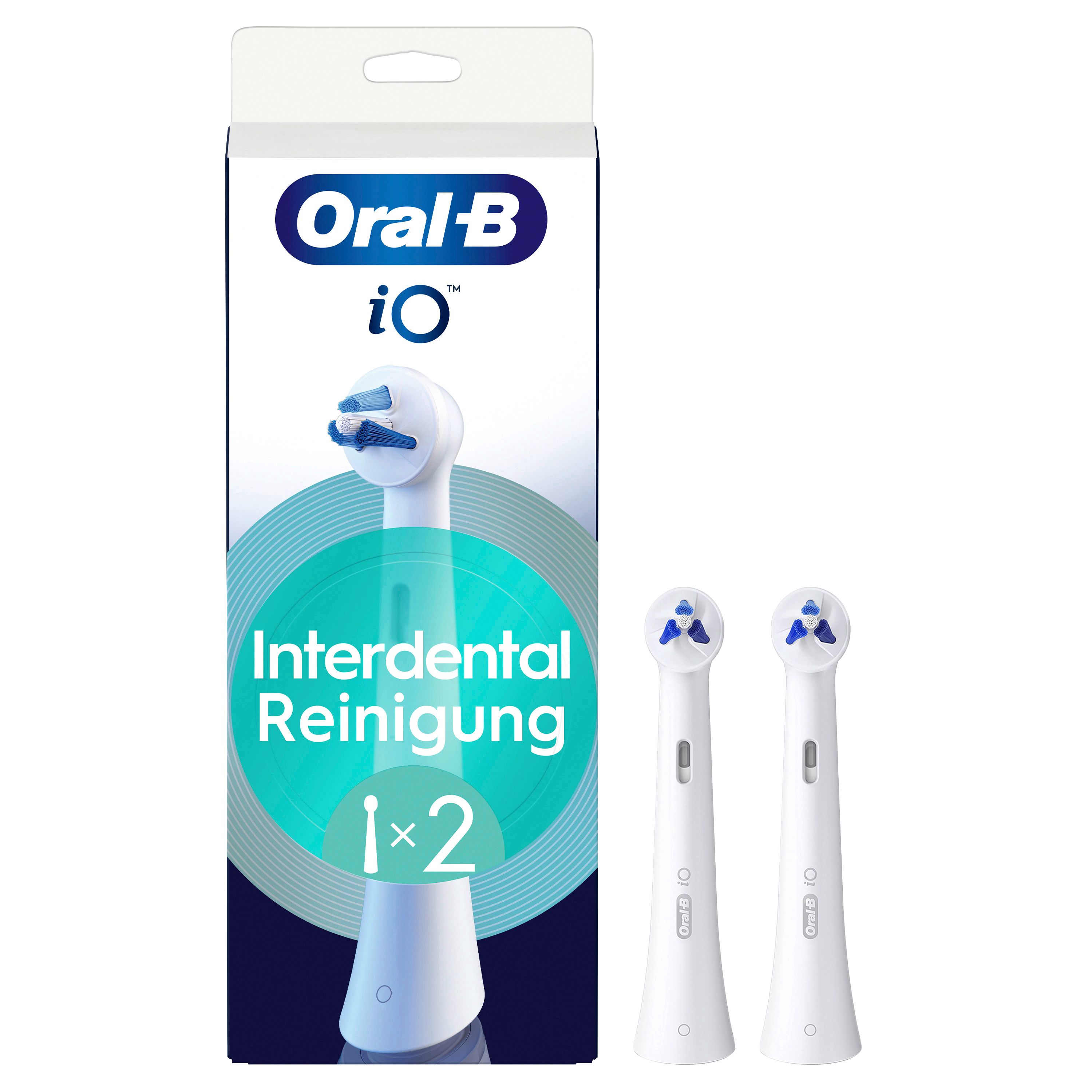 Oral-B iO Interdental Reinigung Aufsteckbürsten. Zwei Bürstenköpfe und Verpackung. Blaue Borsten, weißer Schaft. 1x2.