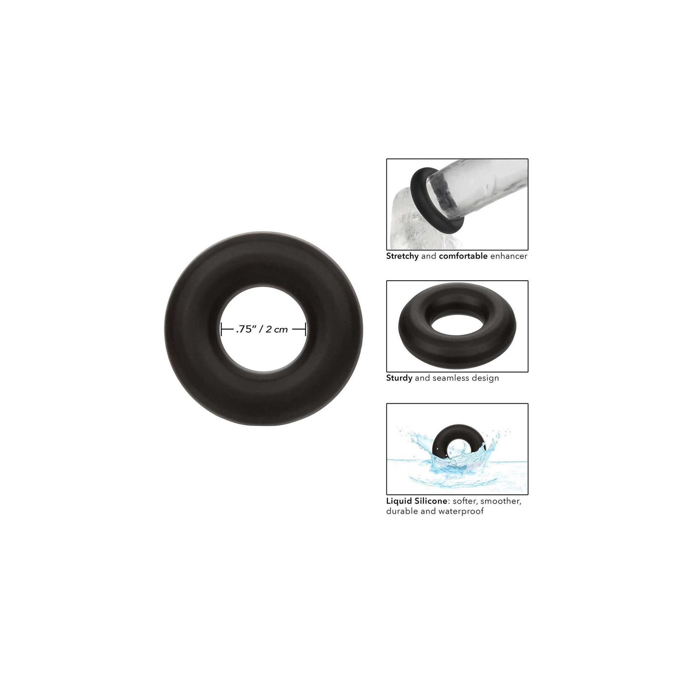 Schwarzer Ring mit Loch in der Mitte. Maße: 0,75"/2 cm. Produktabbildungen.