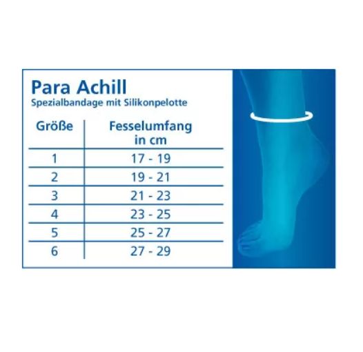 Tabelle mit Größenangaben für die Para Achill Bandage. Größen 1-6, Fesselumfang in cm: 17-29.