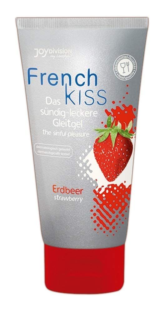 JOYDIVISION French KISS Erdbeer Gleitgel Tube mit Erdbeer-Motiv und Text.