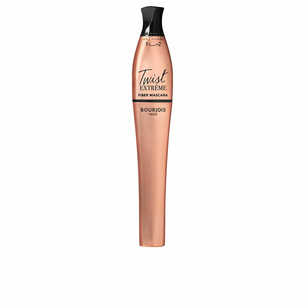 Bourjois Twist Extrême Fiber Mascara. Kupferfarbene Hülse, schwarzer Deckel. Text: Twist Extrême Fiber Mascara, Bourjois Paris.
