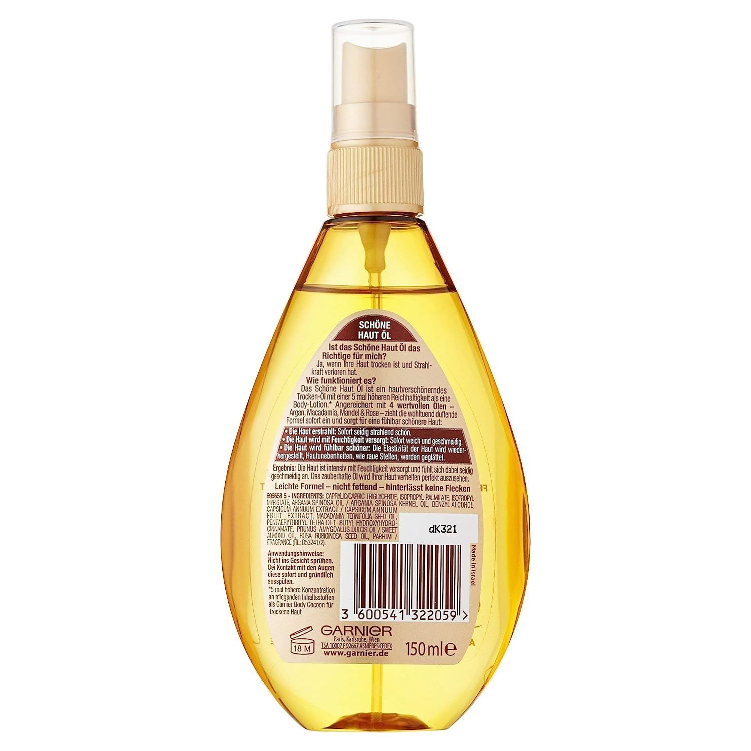 Garnier Schöne Haut Körper-Öl, All-In-One Hautpflege, mit Argan, Macadamia, Madel, Rose