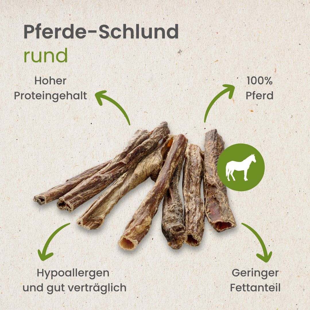 Getrocknete Pferde-Schlundstücke, rund, mit Hund und Pferdesymbol.