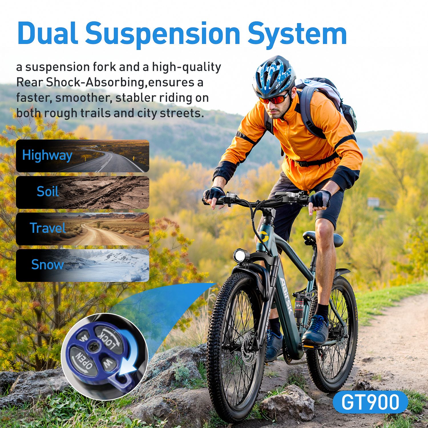 Person fährt E-Bike auf einem Pfad. Beschriftungen: Dual Suspension System, Highway, Soil, Travel, Snow. Produktname: GT900.