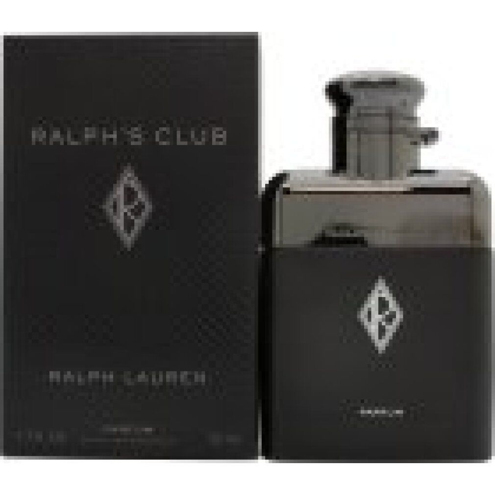 Schwarzer Flakon und Schachtel. Aufschrift RALPH'S CLUB, RALPH LAUREN, PARFUM. Flakon mit silbernem Verschluss und Logo.