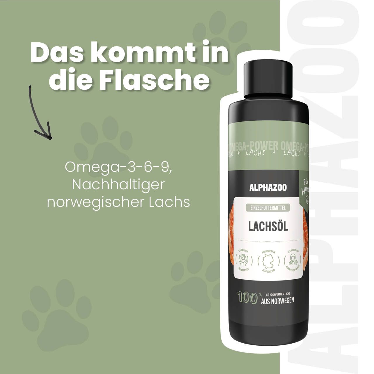 Flasche mit Lachsöl. Text: Omega-3-6-9, Nachhaltiger norwegischer Lachs. Pfeil zeigt auf die Flasche.