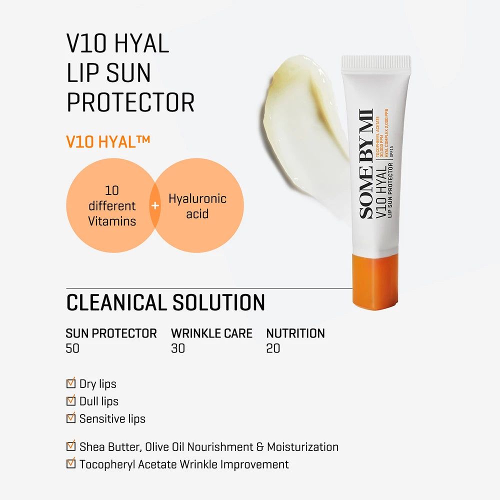 Produkt-Infografik. Zeigt Tube, Produkt-Swatches, Inhaltsstoffe und Vorteile. Text: V10 HYAL Lip Sun Protector.